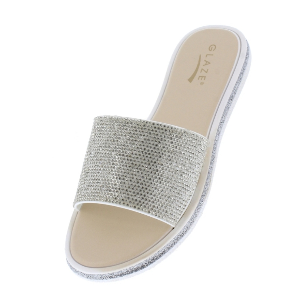 WHITE RHINESTONE SLIDE SANDALS